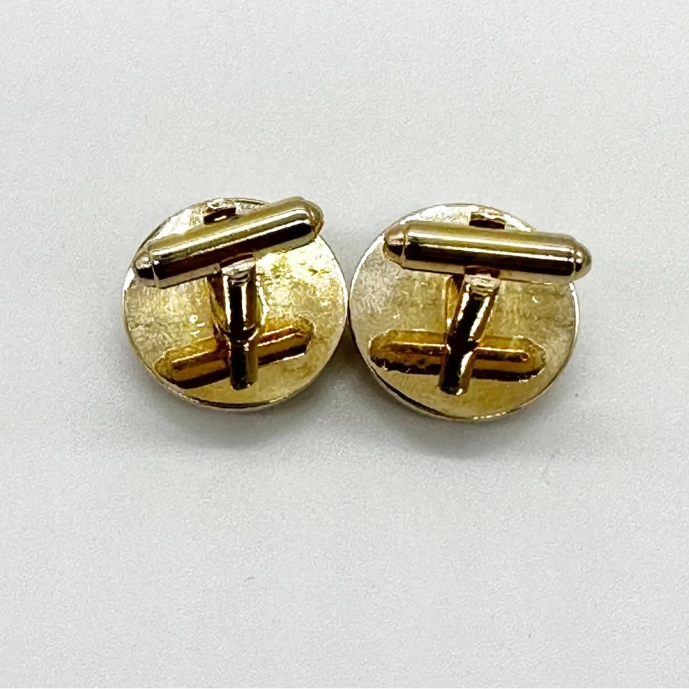 Vintage Brushed Gold Tone & Onyx Round Cufflinks